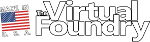 Logo of The Virtual Foundry with "MADE IN U.S.A." text and American flag, representing metal 3D printing technology and innovation.